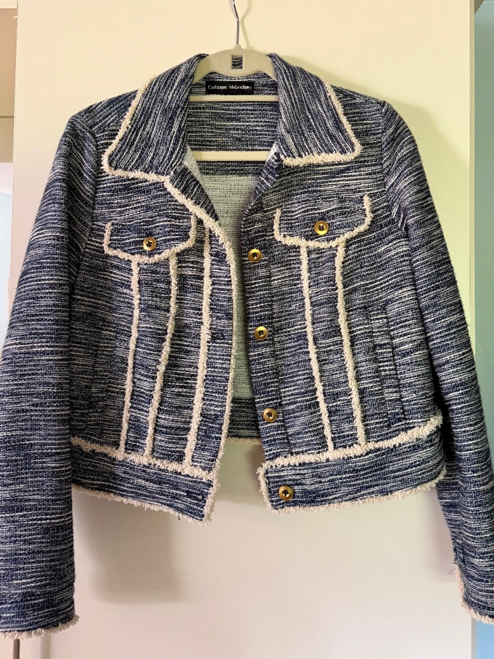 Catherine Malandrino Navy Cream Tweed Fringe Trim Jacket S